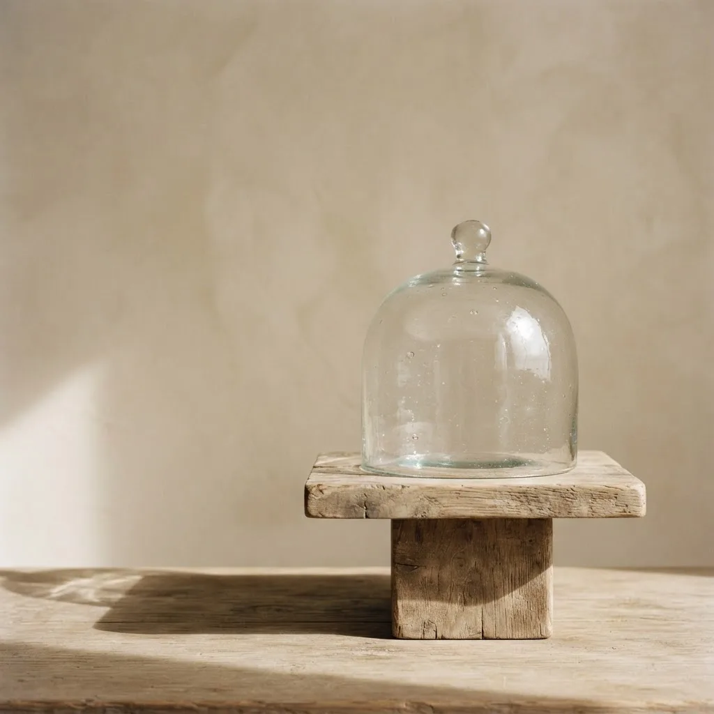 A single empty glass dome vessel on a wooden pedestal